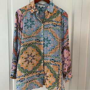 Rose + Olive Women S Blouse Button Up Green Blue Floral & Geometric